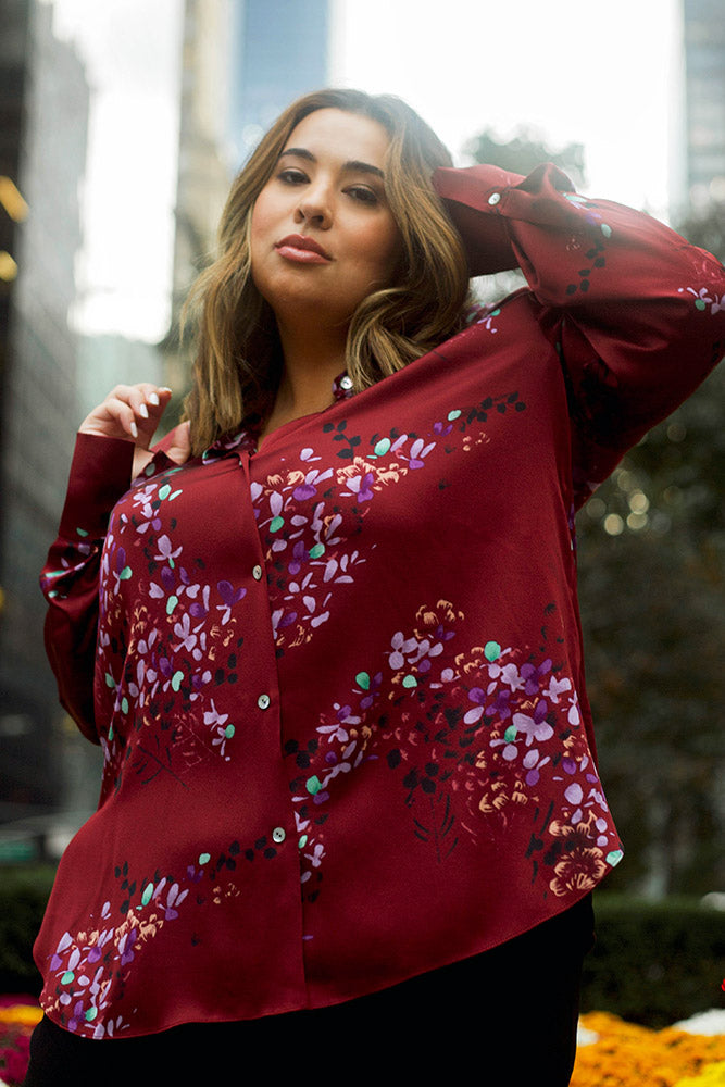 SILK FORSYTHIA LONG SLEEVE RUCHED BLOUSE plus-size - AMOUR781